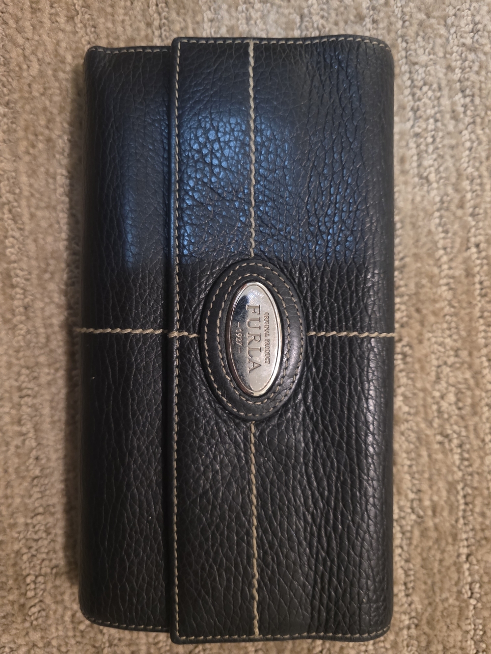 Furla Black Leather Womans Wallet / Contrast Stitching With Check Book Billfold